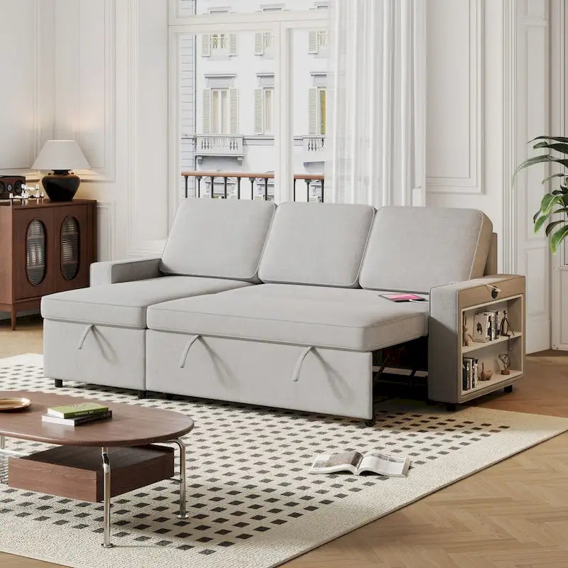 Canapé-lit d'angle escamotable de 217,9 cm avec rangement et port USB, noir/beige/gris, 3-4 places