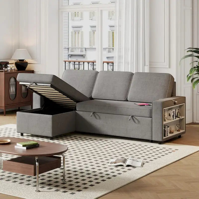 Canapé-lit d'angle escamotable de 217,9 cm avec rangement et port USB, noir/beige/gris, 3-4 places