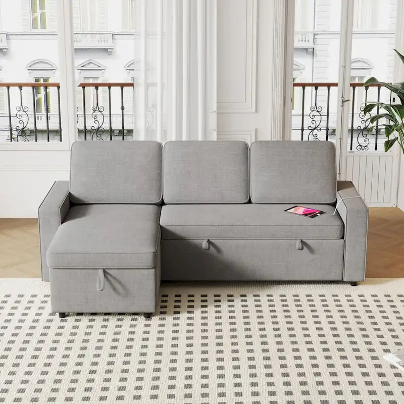 Canapé-lit d'angle escamotable de 217,9 cm avec rangement et port USB, noir/beige/gris, 3-4 places