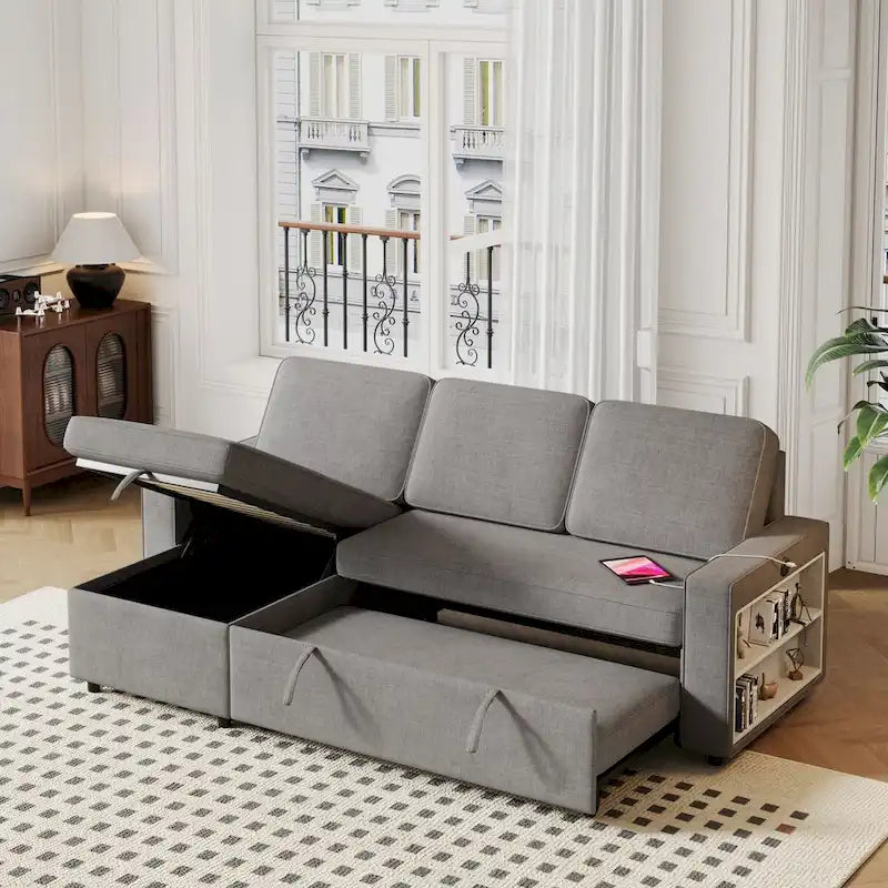 Canapé-lit d'angle escamotable de 217,9 cm avec rangement et port USB, noir/beige/gris, 3-4 places