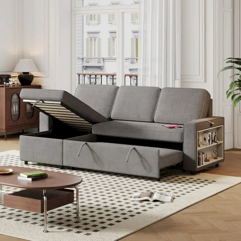Canapé-lit d'angle escamotable de 217,9 cm avec rangement et port USB, noir/beige/gris, 3-4 places