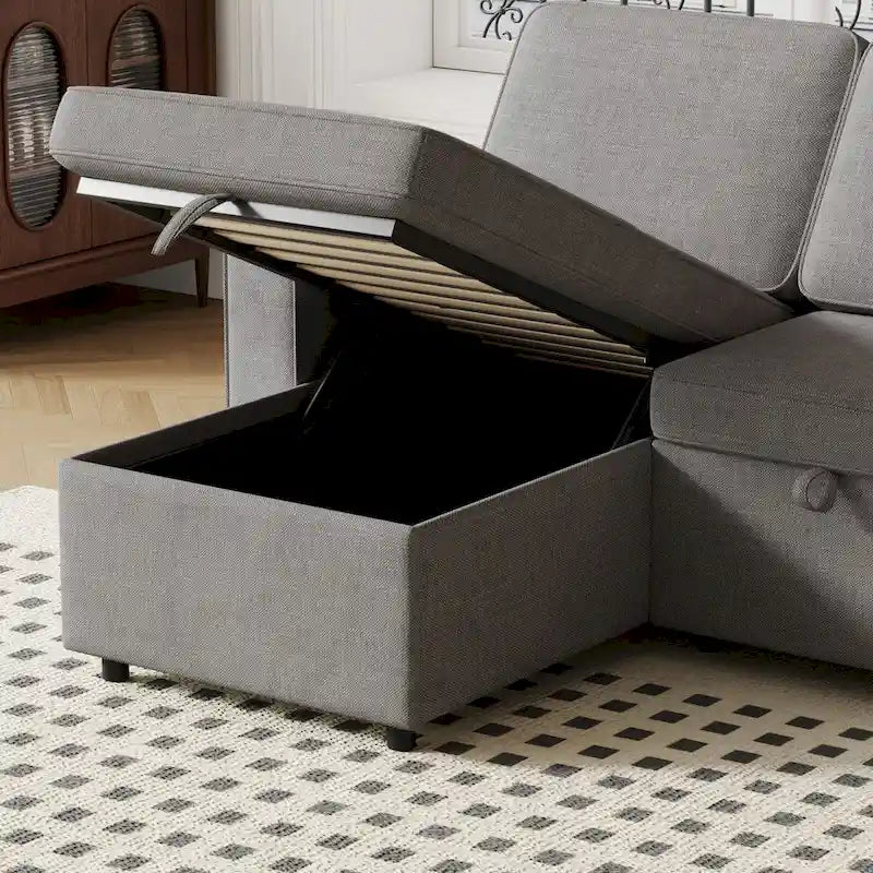 Canapé-lit d'angle escamotable de 217,9 cm avec rangement et port USB, noir/beige/gris, 3-4 places