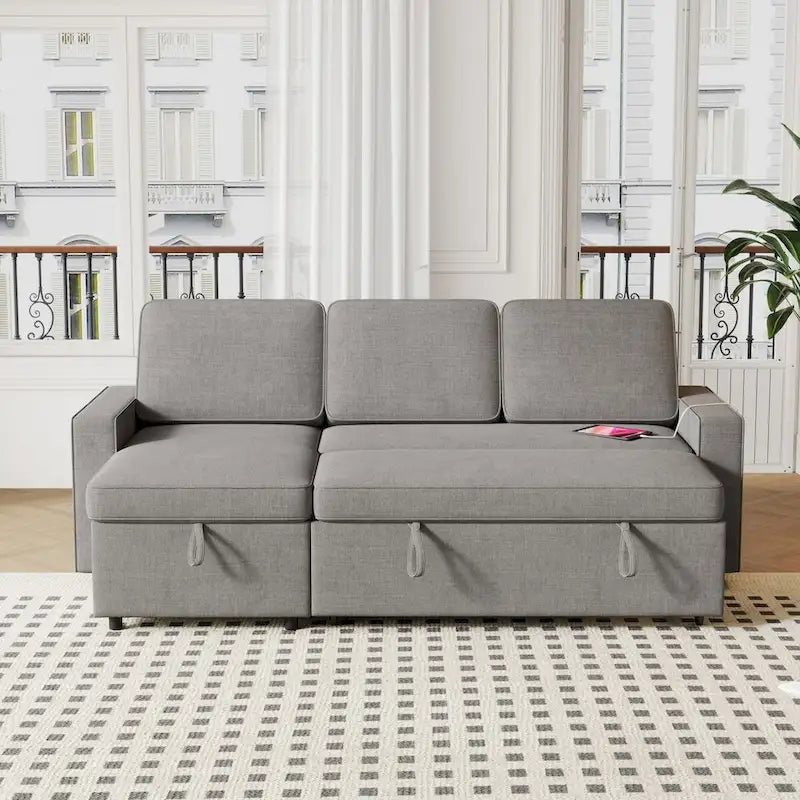 Canapé-lit d'angle escamotable de 217,9 cm avec rangement et port USB, noir/beige/gris, 3-4 places