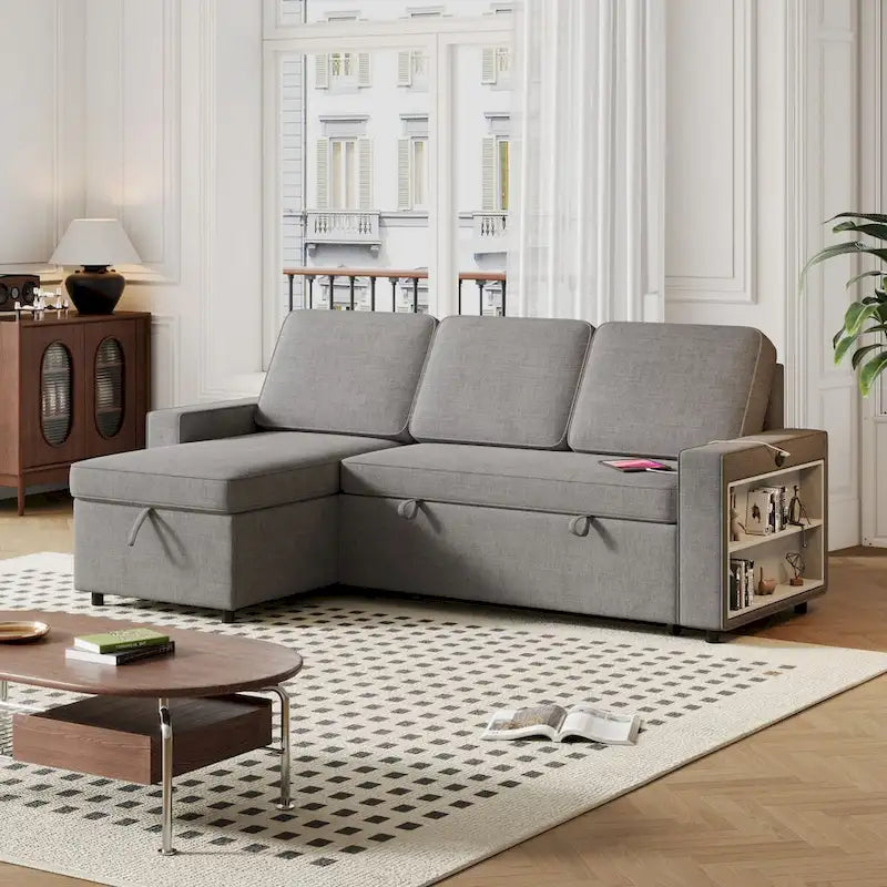 Canapé-lit d'angle escamotable de 217,9 cm avec rangement et port USB, noir/beige/gris, 3-4 places