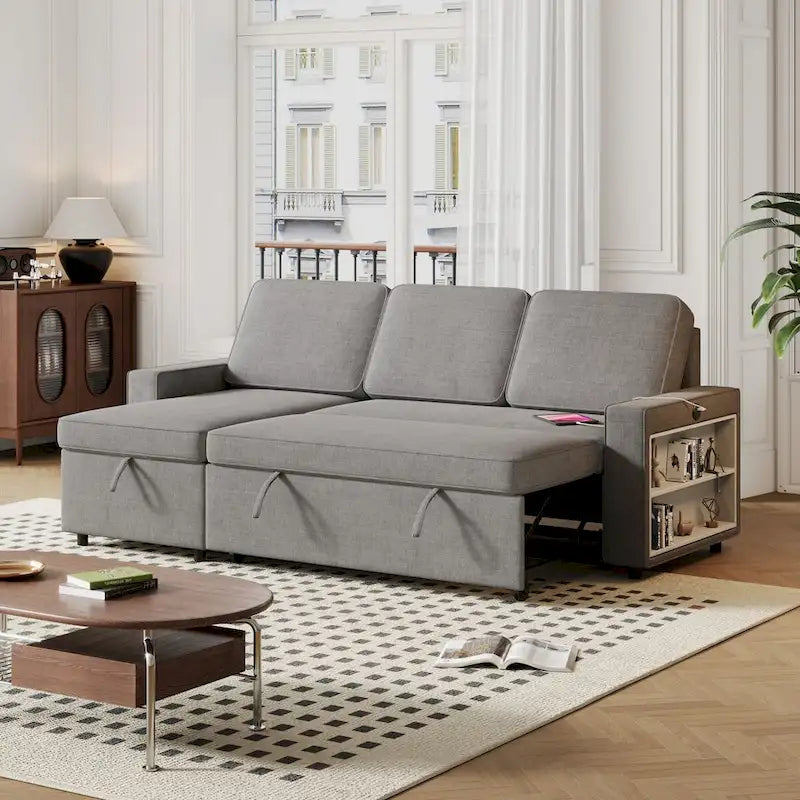 Canapé-lit d'angle escamotable de 217,9 cm avec rangement et port USB, noir/beige/gris, 3-4 places