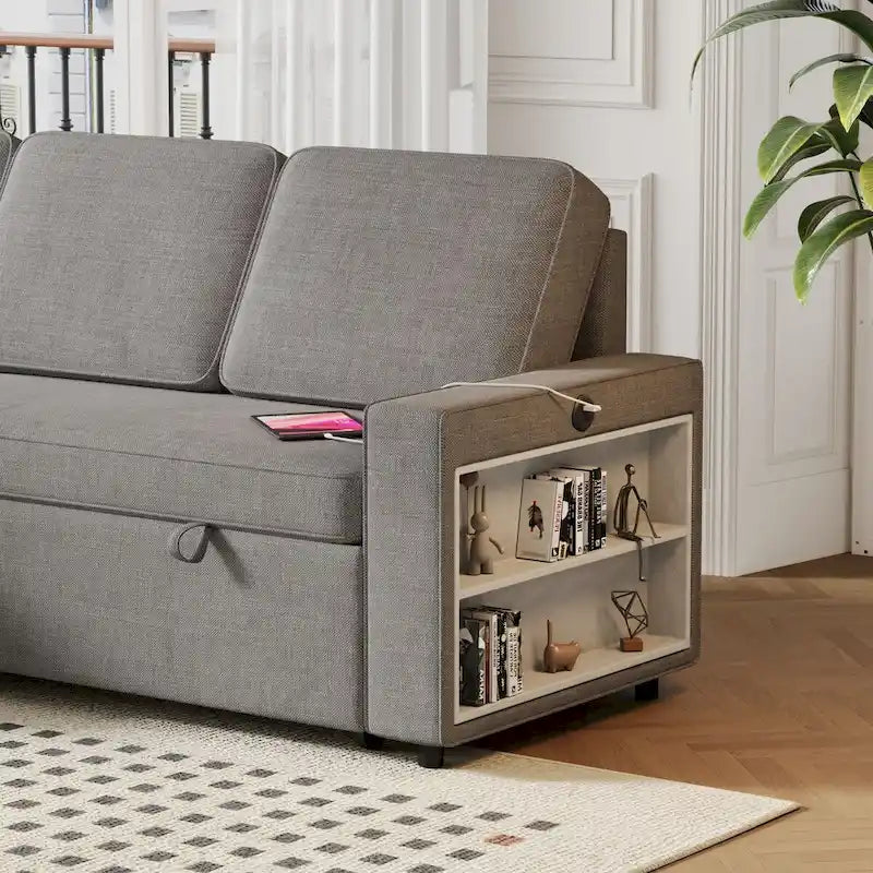 Canapé-lit d'angle escamotable de 217,9 cm avec rangement et port USB, noir/beige/gris, 3-4 places