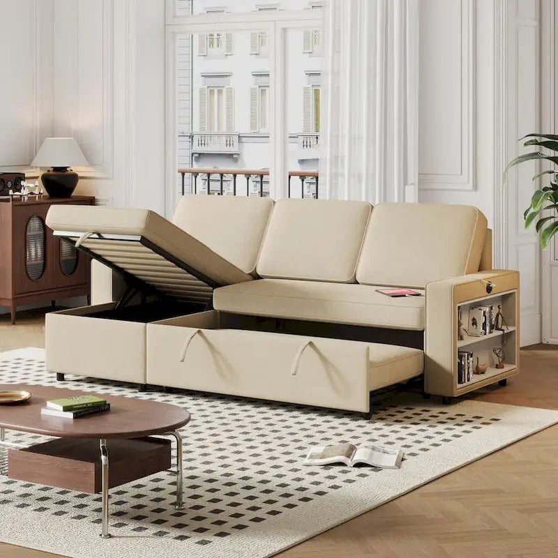 Canapé-lit d'angle escamotable de 217,9 cm avec rangement et port USB, noir/beige/gris, 3-4 places