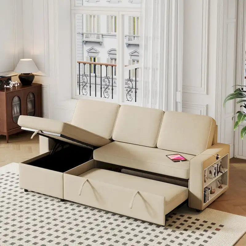 Canapé-lit d'angle escamotable de 217,9 cm avec rangement et port USB, noir/beige/gris, 3-4 places