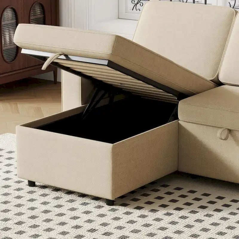 Canapé-lit d'angle escamotable de 217,9 cm avec rangement et port USB, noir/beige/gris, 3-4 places