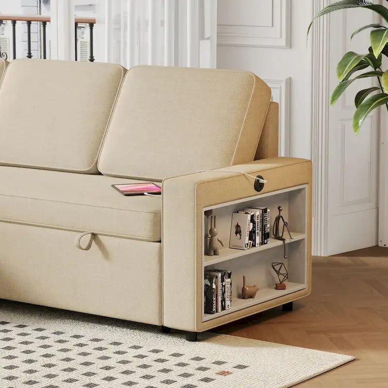 Canapé-lit d'angle escamotable de 217,9 cm avec rangement et port USB, noir/beige/gris, 3-4 places