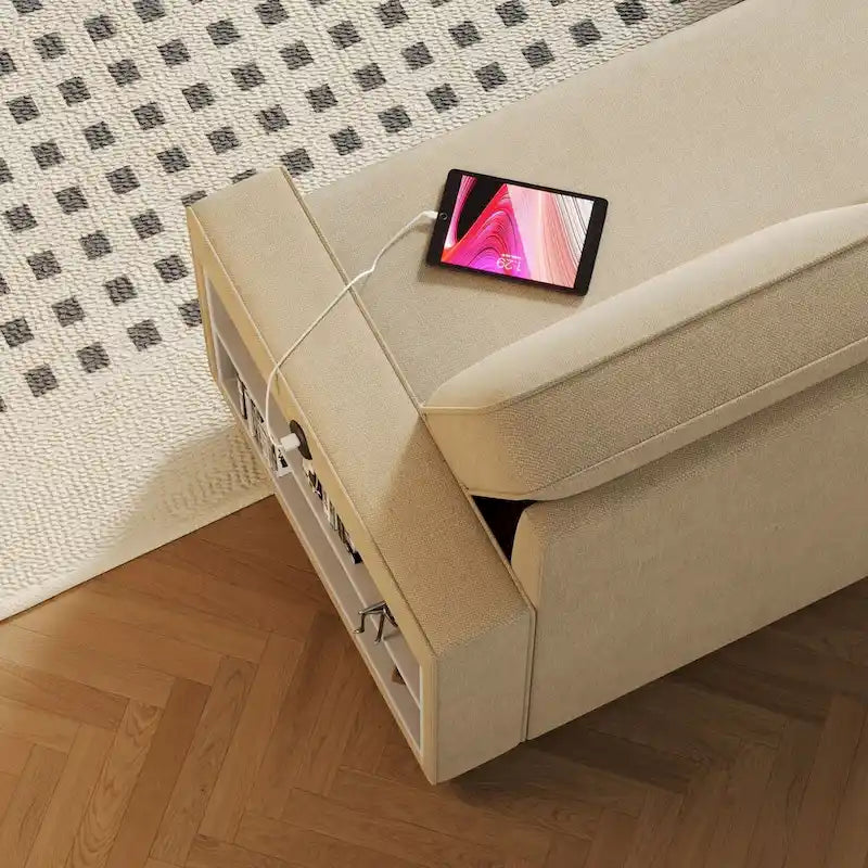 Canapé-lit d'angle escamotable de 217,9 cm avec rangement et port USB, noir/beige/gris, 3-4 places