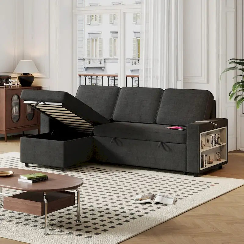 Canapé-lit d'angle escamotable de 217,9 cm avec rangement et port USB, noir/beige/gris, 3-4 places